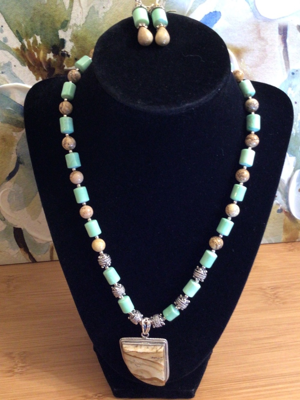 Handmade Southwestern-style Necklace Earring set Picture Jasper Pendant 925